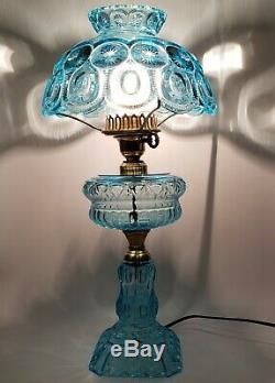 HUGE Colonial/Turquoise/Light Blue Glass/LG Wright/Fenton Moon &Stars Table Lamp