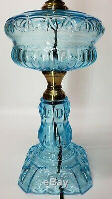 HUGE Colonial/Turquoise/Light Blue Glass/LG Wright/Fenton Moon &Stars Table Lamp