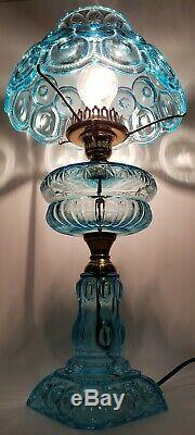 HUGE Colonial/Turquoise/Light Blue Glass/LG Wright/Fenton Moon &Stars Table Lamp