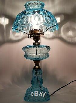 HUGE Colonial/Turquoise/Light Blue Glass/LG Wright/Fenton Moon &Stars Table Lamp