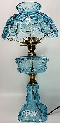 HUGE Colonial/Turquoise/Light Blue Glass/LG Wright/Fenton Moon &Stars Table Lamp