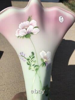 HUGE Fenton Satin Lotus Mist Burmese Glass Fan Vase. Hand Painted and Signed Wow