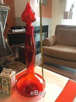 HUGE Vintage Blenko Hand Blown Glass Orange Glass Bottle With Stopper decanter