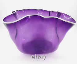 Hand Blown Art Glass Dennis K Mullen Purple Amethyst Free Form Bowl White Trim