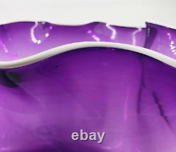 Hand Blown Art Glass Dennis K Mullen Purple Amethyst Free Form Bowl White Trim