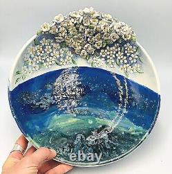 Hand Painted Art Pottery Bowl Artist Signed Applied Flowers 3D OOAK