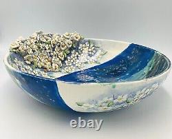 Hand Painted Art Pottery Bowl Artist Signed Applied Flowers 3D OOAK