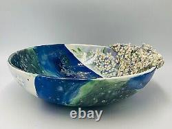 Hand Painted Art Pottery Bowl Artist Signed Applied Flowers 3D OOAK