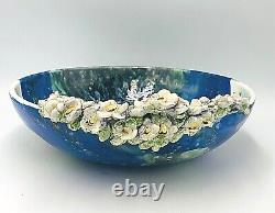 Hand Painted Art Pottery Bowl Artist Signed Applied Flowers 3D OOAK