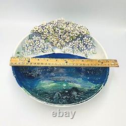 Hand Painted Art Pottery Bowl Artist Signed Applied Flowers 3D OOAK