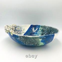 Hand Painted Art Pottery Bowl Artist Signed Applied Flowers 3D OOAK