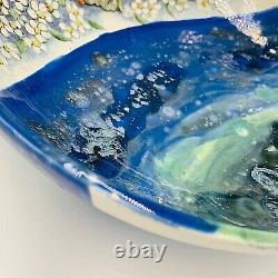 Hand Painted Art Pottery Bowl Artist Signed Applied Flowers 3D OOAK