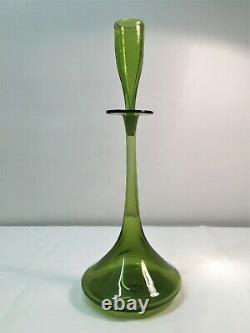 Hand Signed Wayne Husted Olive Green Shot Glass Blenko Decanter. MCM