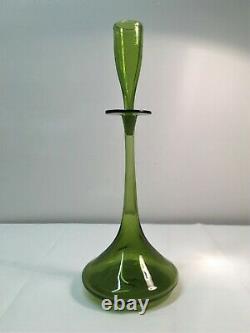 Hand Signed Wayne Husted Olive Green Shot Glass Blenko Decanter. MCM