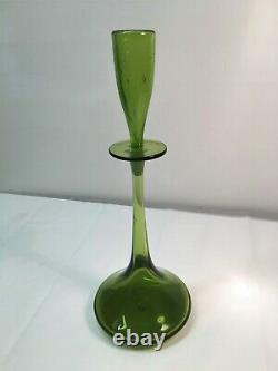 Hand Signed Wayne Husted Olive Green Shot Glass Blenko Decanter. MCM