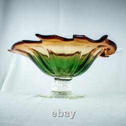 HandcraftJapanese Leaf Shape Cut Glass Green Amber Crystal Bowl 14W x 5.5L