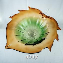 HandcraftJapanese Leaf Shape Cut Glass Green Amber Crystal Bowl 14W x 5.5L
