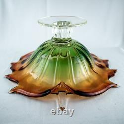 HandcraftJapanese Leaf Shape Cut Glass Green Amber Crystal Bowl 14W x 5.5L