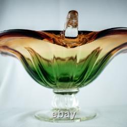 HandcraftJapanese Leaf Shape Cut Glass Green Amber Crystal Bowl 14W x 5.5L
