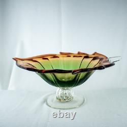 HandcraftJapanese Leaf Shape Cut Glass Green Amber Crystal Bowl 14W x 5.5L