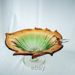 HandcraftJapanese Leaf Shape Cut Glass Green Amber Crystal Bowl 14W x 5.5L