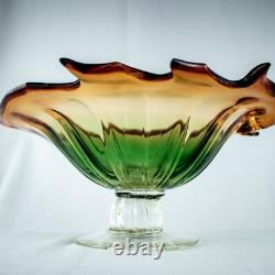 HandcraftJapanese Leaf Shape Cut Glass Green Amber Crystal Bowl 14W x 5.5L