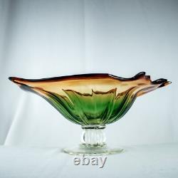 HandcraftJapanese Leaf Shape Cut Glass Green Amber Crystal Bowl 14W x 5.5L