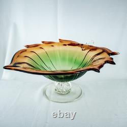 HandcraftJapanese Leaf Shape Cut Glass Green Amber Crystal Bowl 14W x 5.5L
