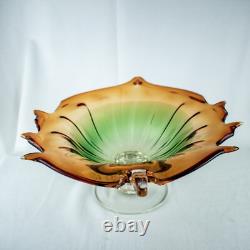 HandcraftJapanese Leaf Shape Cut Glass Green Amber Crystal Bowl 14W x 5.5L