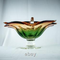 HandcraftJapanese Leaf Shape Cut Glass Green Amber Crystal Bowl 14W x 5.5L