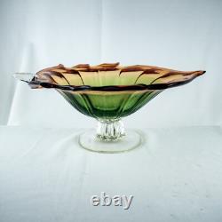 HandcraftJapanese Leaf Shape Cut Glass Green Amber Crystal Bowl 14W x 5.5L
