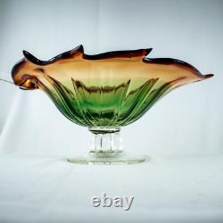 HandcraftJapanese Leaf Shape Cut Glass Green Amber Crystal Bowl 14W x 5.5L