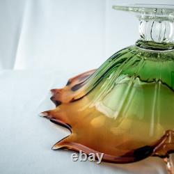 HandcraftJapanese Leaf Shape Cut Glass Green Amber Crystal Bowl 14W x 5.5L