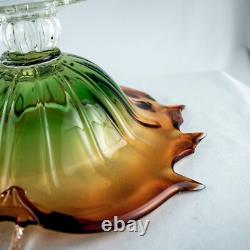 HandcraftJapanese Leaf Shape Cut Glass Green Amber Crystal Bowl 14W x 5.5L