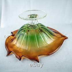 HandcraftJapanese Leaf Shape Cut Glass Green Amber Crystal Bowl 14W x 5.5L