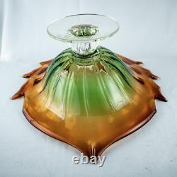 HandcraftJapanese Leaf Shape Cut Glass Green Amber Crystal Bowl 14W x 5.5L