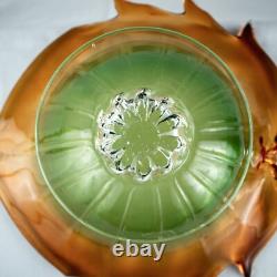 HandcraftJapanese Leaf Shape Cut Glass Green Amber Crystal Bowl 14W x 5.5L