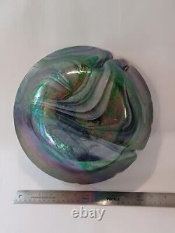 Handmade vintage iridescent glass salad bowl. 11 diameter x 4 tall. Signed by