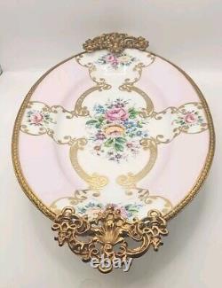Handpainted Pink Floral PORC. LIMOGES 9 Oval Plate Legged with Handles. 16/019