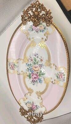 Handpainted Pink Floral PORC. LIMOGES 9 Oval Plate Legged with Handles. 16/019