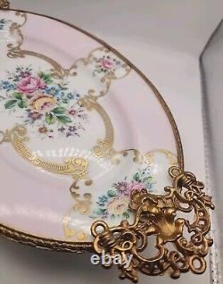 Handpainted Pink Floral PORC. LIMOGES 9 Oval Plate Legged with Handles. 16/019