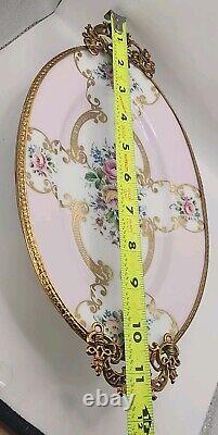 Handpainted Pink Floral PORC. LIMOGES 9 Oval Plate Legged with Handles. 16/019