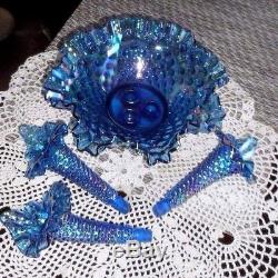 Htf Fenton Art Glass Twilight Blue Iridized Hobnail Epergne 1992