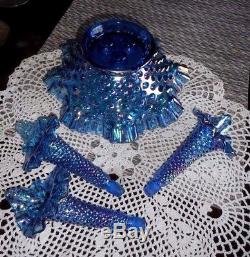 Htf Fenton Art Glass Twilight Blue Iridized Hobnail Epergne 1992