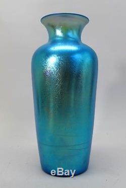Huge 12 Signed QUEZAL Iridescent Blue Vase c. 1920 antique American art glass