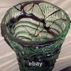 Huge Round Bohemian Art Glass Brutalist Vase Roughly Circular Base High Relief