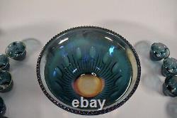 Indiana Blue Carnival Glass Punch Bowl Set With 12 Cups Hooks and Ladle