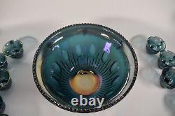 Indiana Blue Carnival Glass Punch Bowl Set With 12 Cups Hooks and Ladle