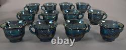 Indiana Blue Carnival Glass Punch Bowl Set With 12 Cups Hooks and Ladle