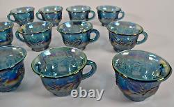 Indiana Blue Carnival Glass Punch Bowl Set With 12 Cups Hooks and Ladle